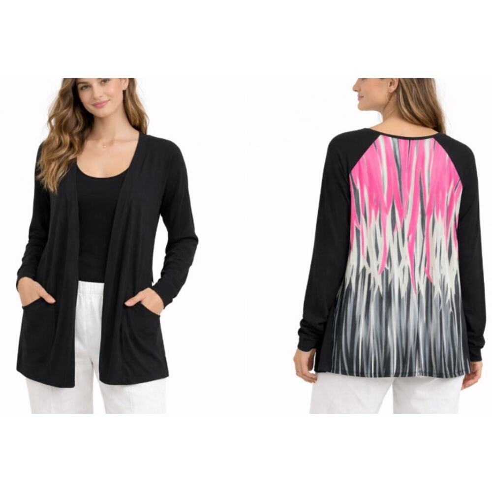 Jamie‎ Sadock Cardigan M Black Pink Abstract Open Sweater Casual Golf Activewear
